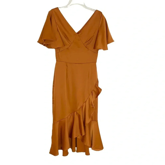 AmyLynn Amoura Ruffle Midi Satin Wedding Guest Dress Tan Size S NWT - Picture 4 of 10